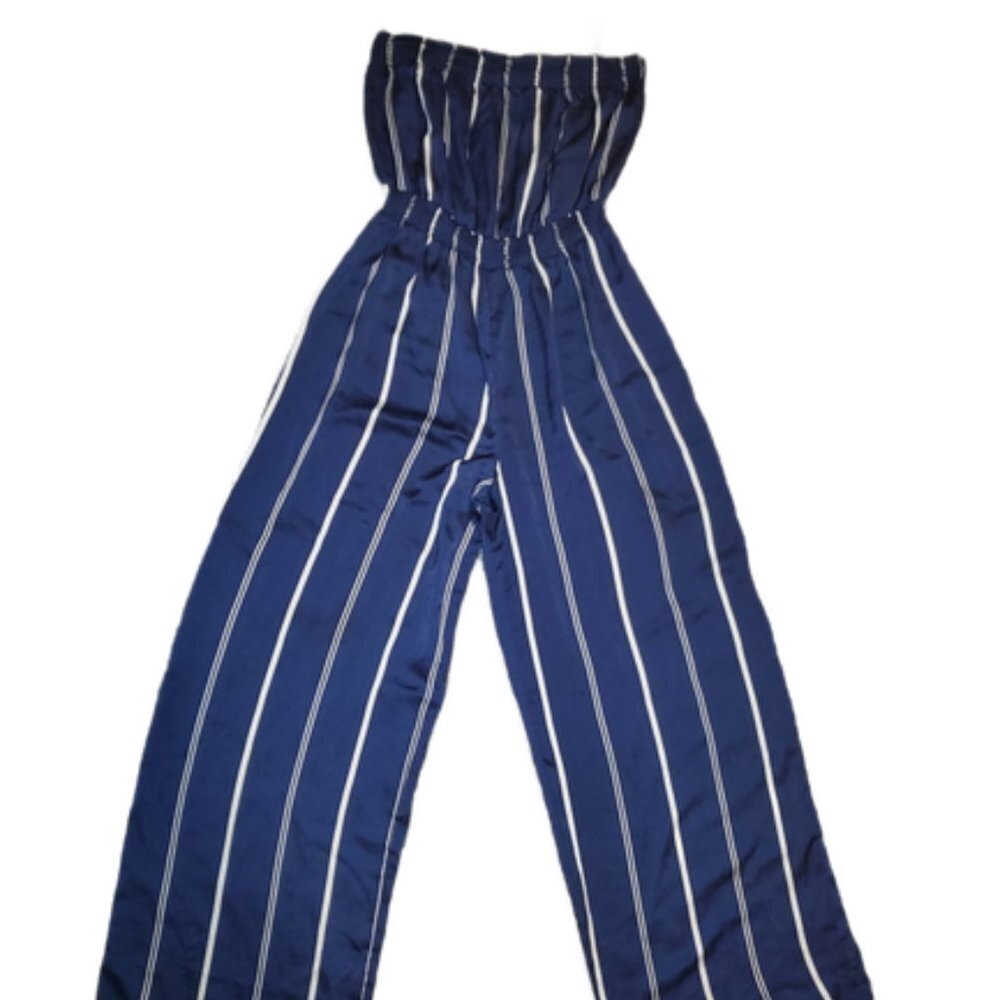 FOREVER 21 Satin blue-and-white striped jumpsuit || sz Sm GUC - Picture 3 of 13